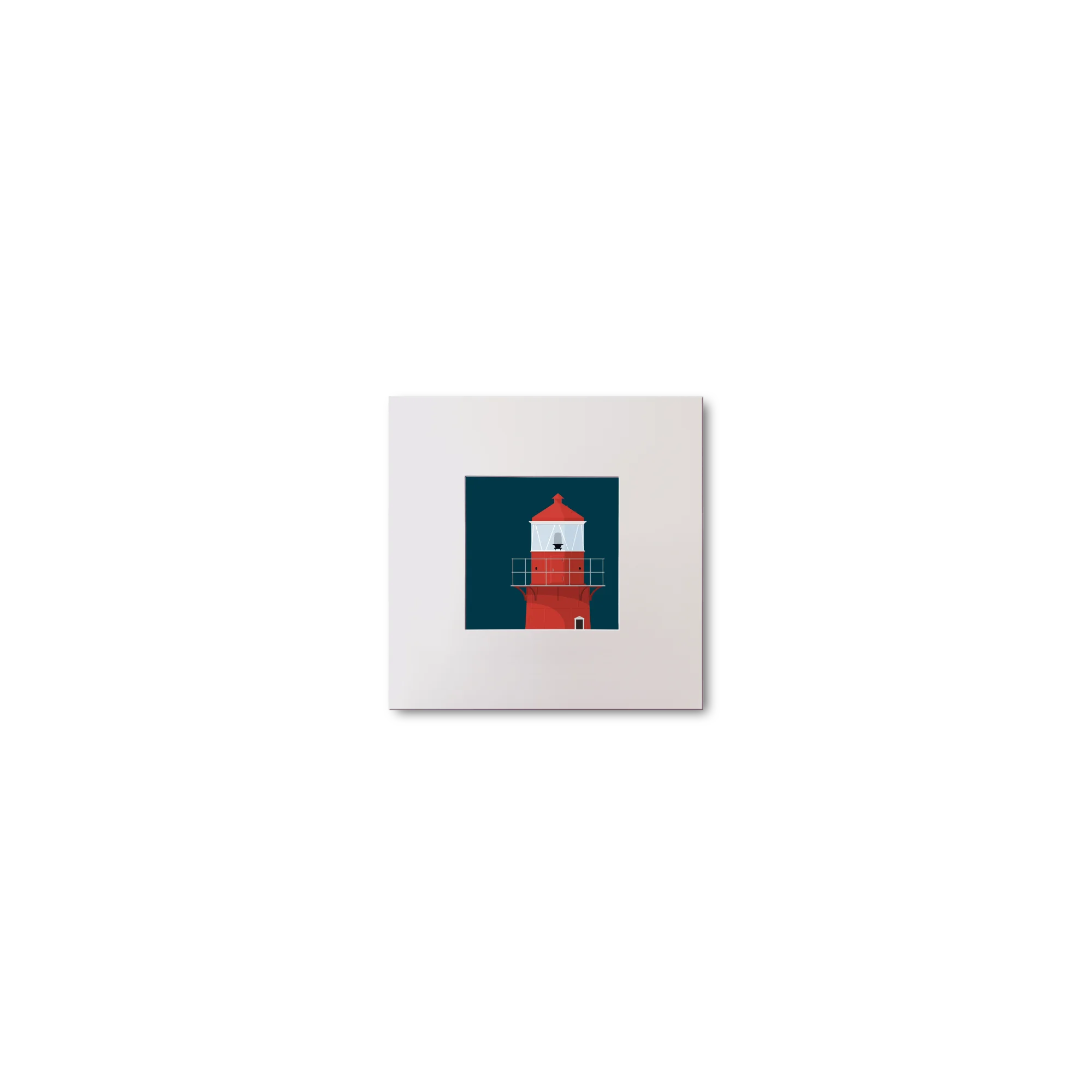 Illustration of Rosslare Harbour lighthouse on a midnight blue background, mounted and measuring 10x10cm.