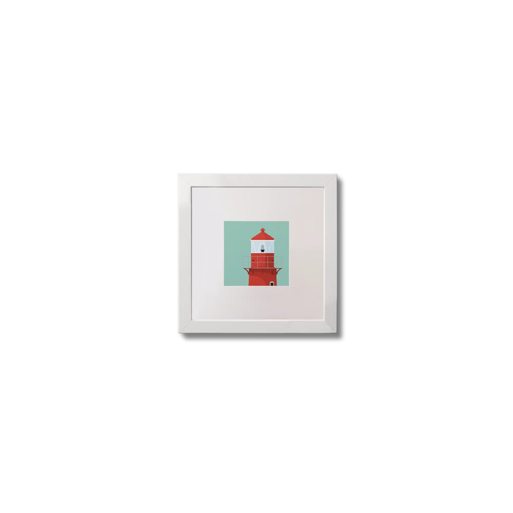 Illustration of Rosslare Harbour lighthouse on an ocean green background,  in a white square frame measuring 10x10cm.