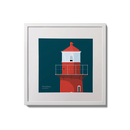 Illustration of Rosslare Harbour lighthouse on a midnight blue background,  in a white square frame measuring 20x20cm.