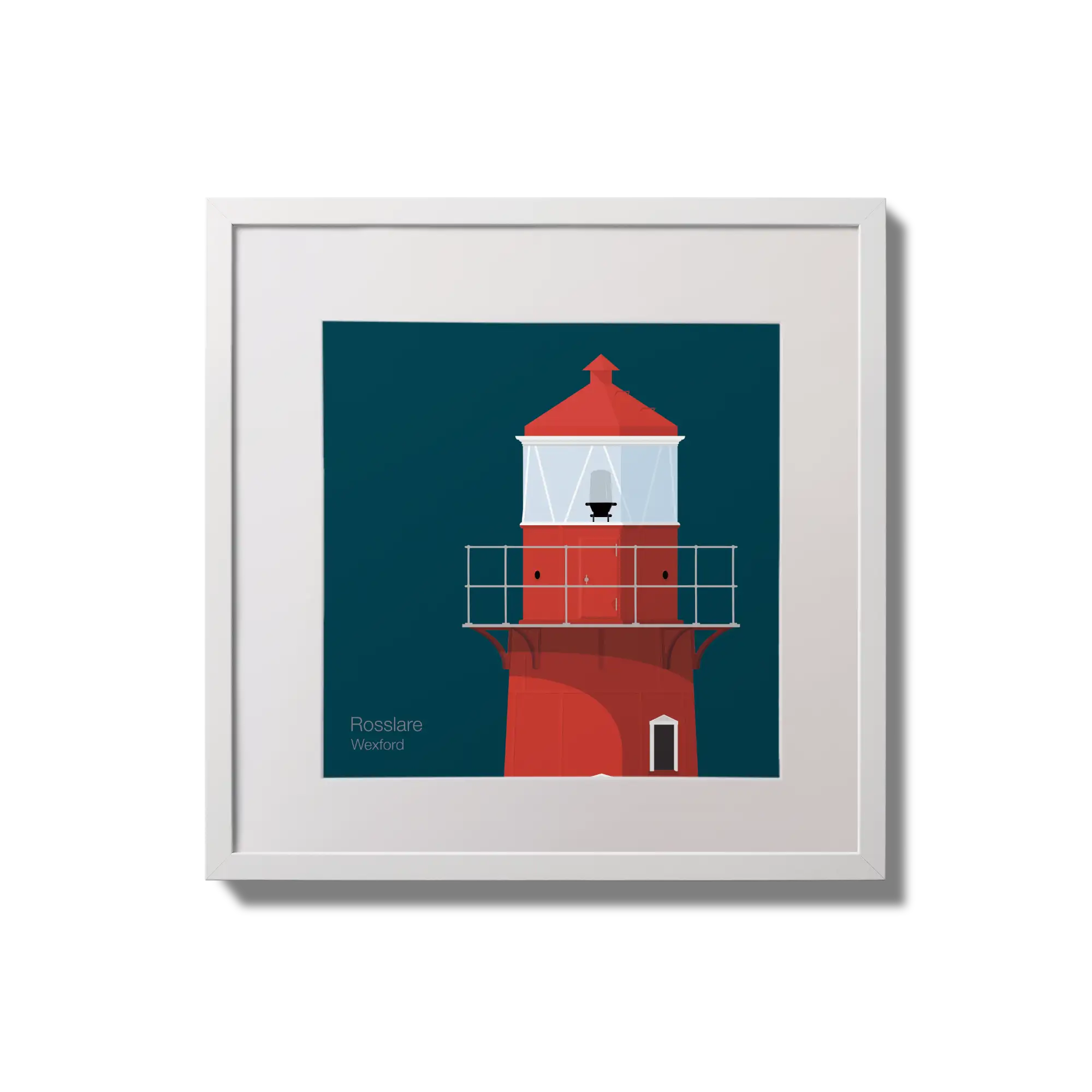 Illustration of Rosslare Harbour lighthouse on a midnight blue background,  in a white square frame measuring 20x20cm.