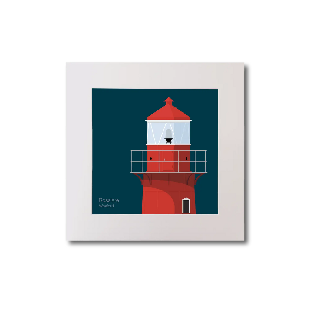 Illustration of Rosslare Harbour lighthouse on a midnight blue background, mounted and measuring 20x20cm.