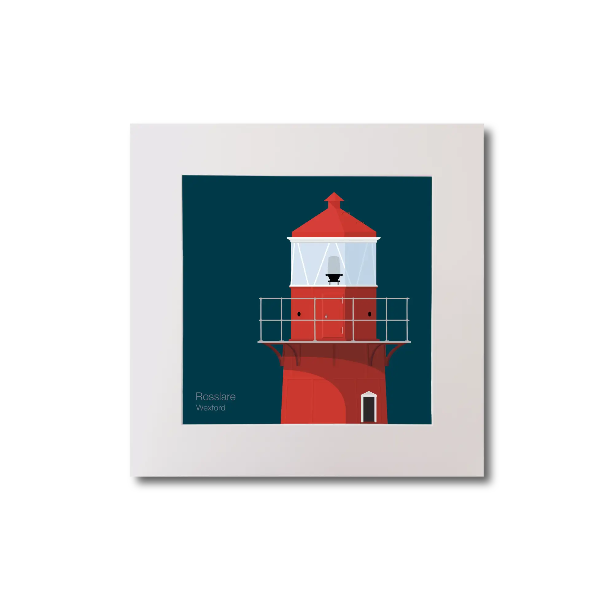 Illustration of Rosslare Harbour lighthouse on a midnight blue background, mounted and measuring 20x20cm.