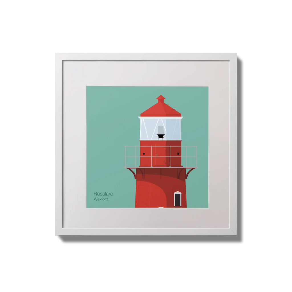 Illustration of Rosslare Harbour lighthouse on an ocean green background,  in a white square frame measuring 20x20cm.