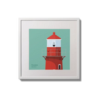 Illustration of Rosslare Harbour lighthouse on an ocean green background,  in a white square frame measuring 20x20cm.