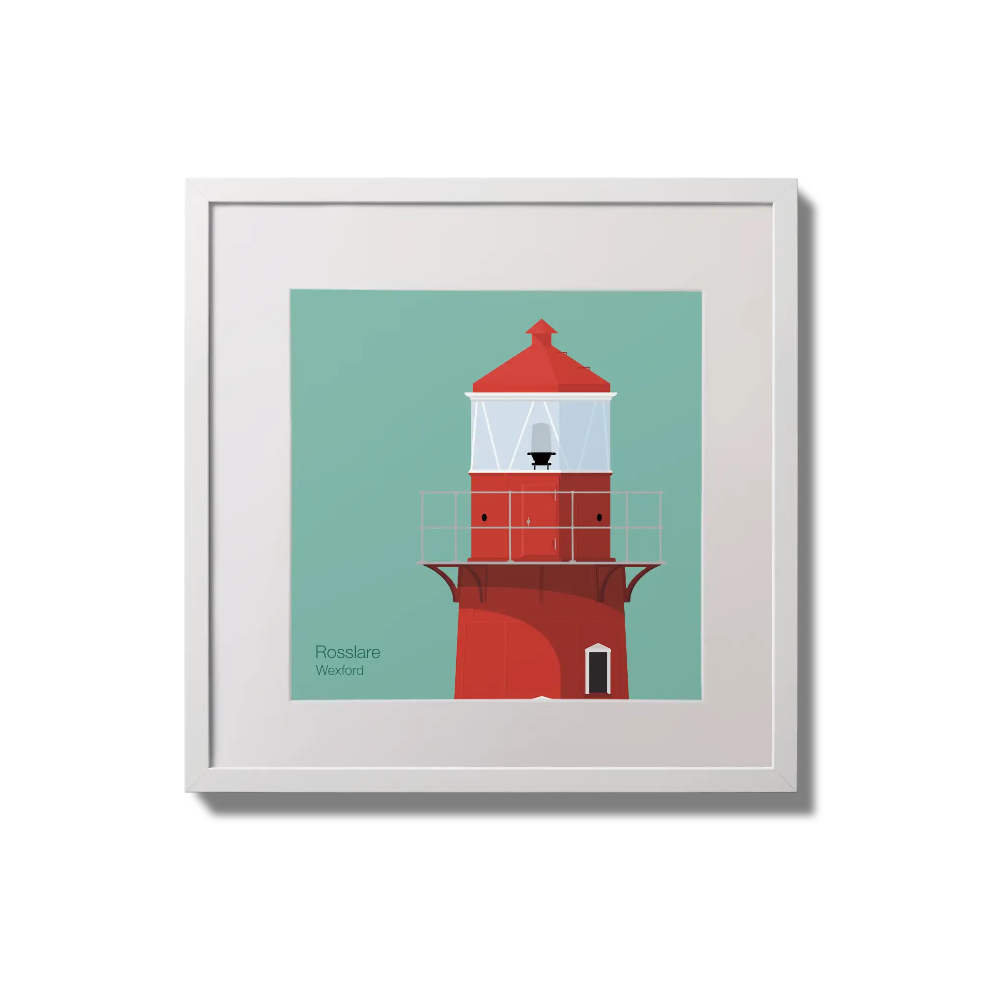 Illustration of Rosslare Harbour lighthouse on an ocean green background,  in a white square frame measuring 20x20cm.