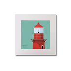 Illustration of Rosslare Harbour lighthouse on an ocean green background, mounted and measuring 20x20cm.