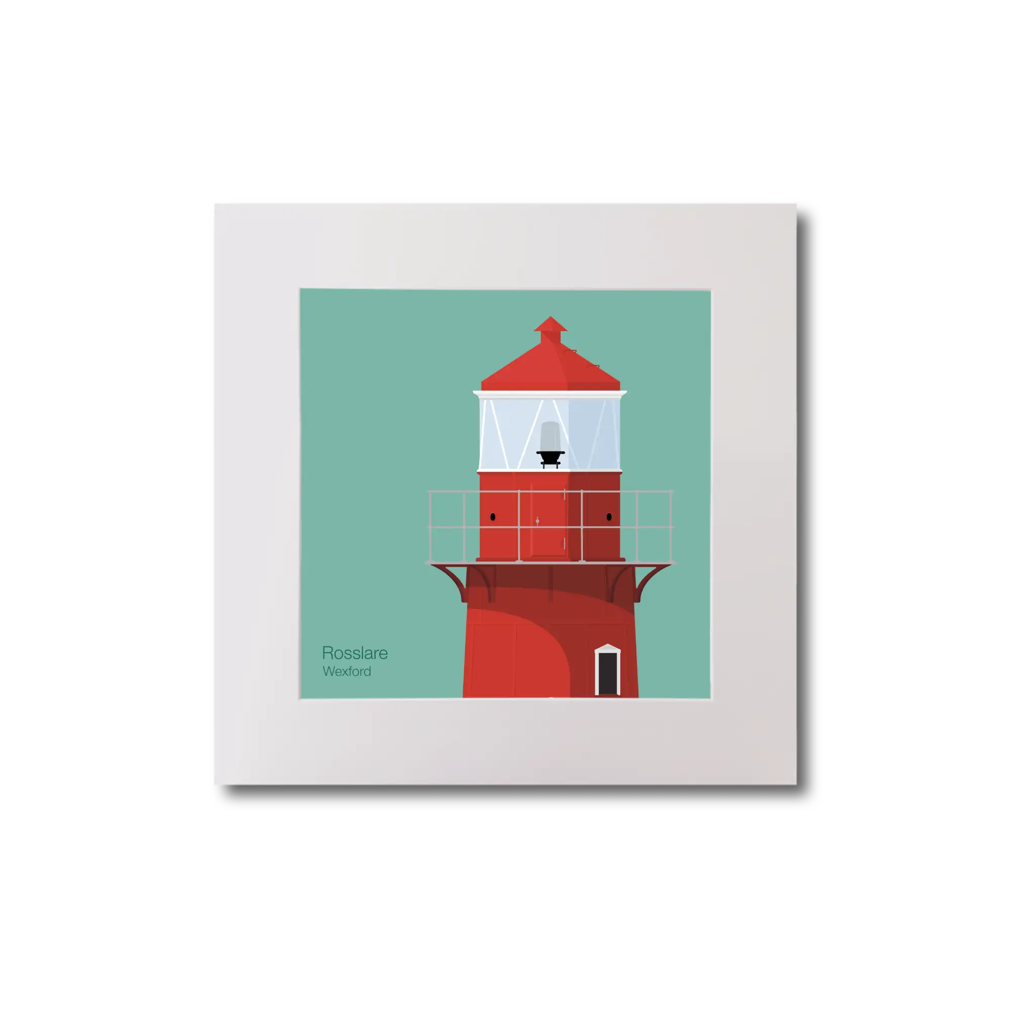 Illustration of Rosslare Harbour lighthouse on an ocean green background, mounted and measuring 20x20cm.