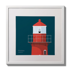 Illustration of Rosslare Harbour lighthouse on a midnight blue background,  in a white square frame measuring 30x30cm.