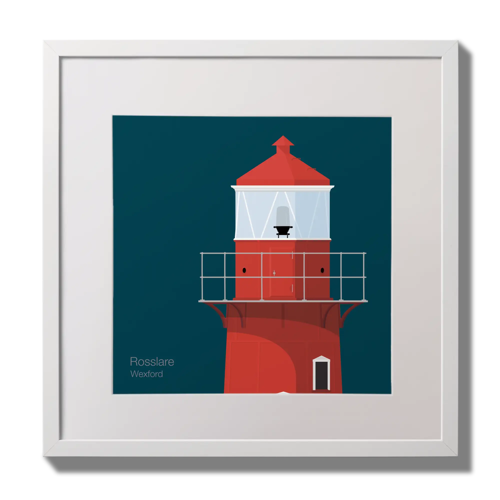 Illustration of Rosslare Harbour lighthouse on a midnight blue background,  in a white square frame measuring 30x30cm.