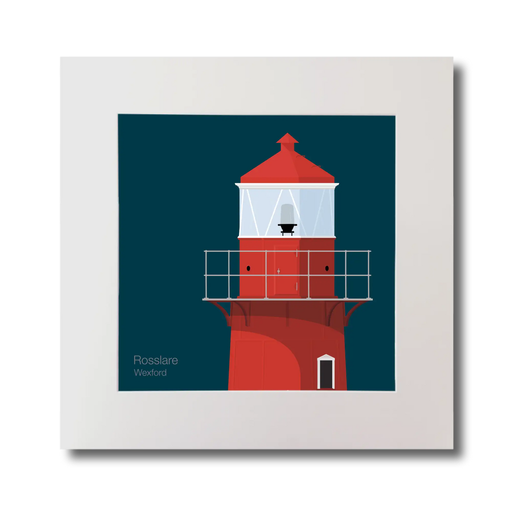 Illustration of Rosslare Harbour lighthouse on a midnight blue background, mounted and measuring 30x30cm.