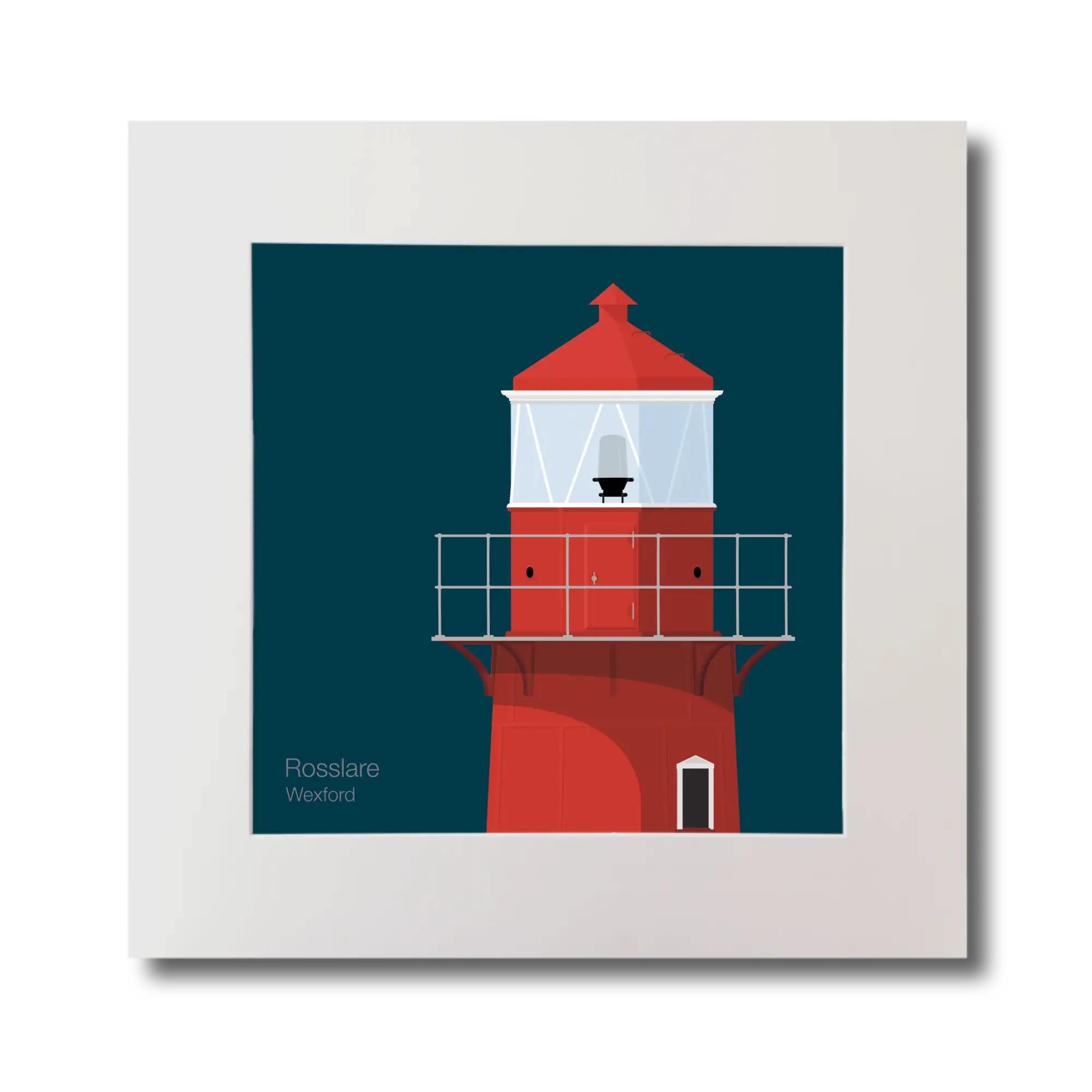 Illustration of Rosslare Harbour lighthouse on a midnight blue background, mounted and measuring 30x30cm.