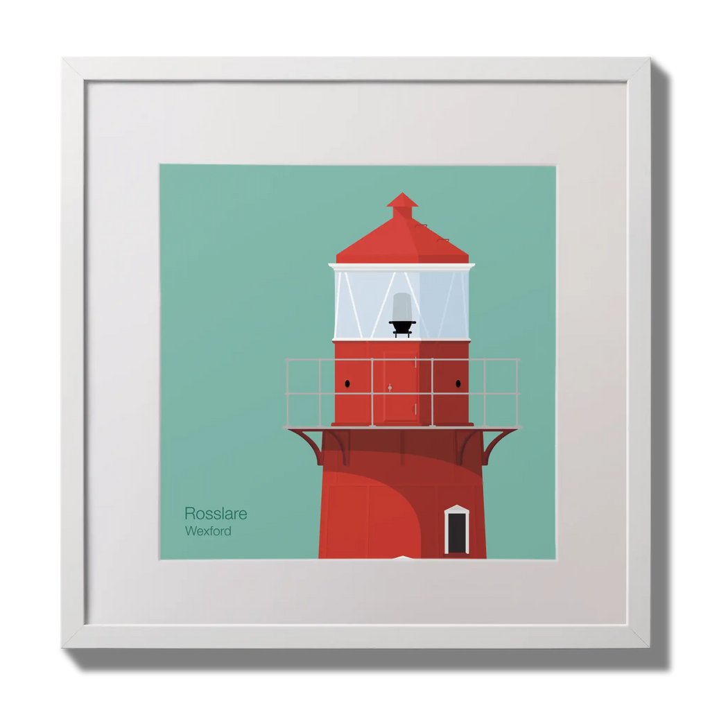 Illustration of Rosslare Harbour lighthouse on an ocean green background,  in a white square frame measuring 30x30cm.