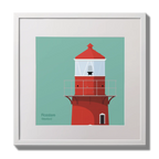Illustration of Rosslare Harbour lighthouse on an ocean green background,  in a white square frame measuring 30x30cm.