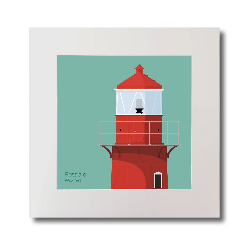 Illustration of Rosslare Harbour lighthouse on an ocean green background, mounted and measuring 30x30cm.