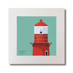 Illustration of Rosslare Harbour lighthouse on an ocean green background, mounted and measuring 30x30cm.