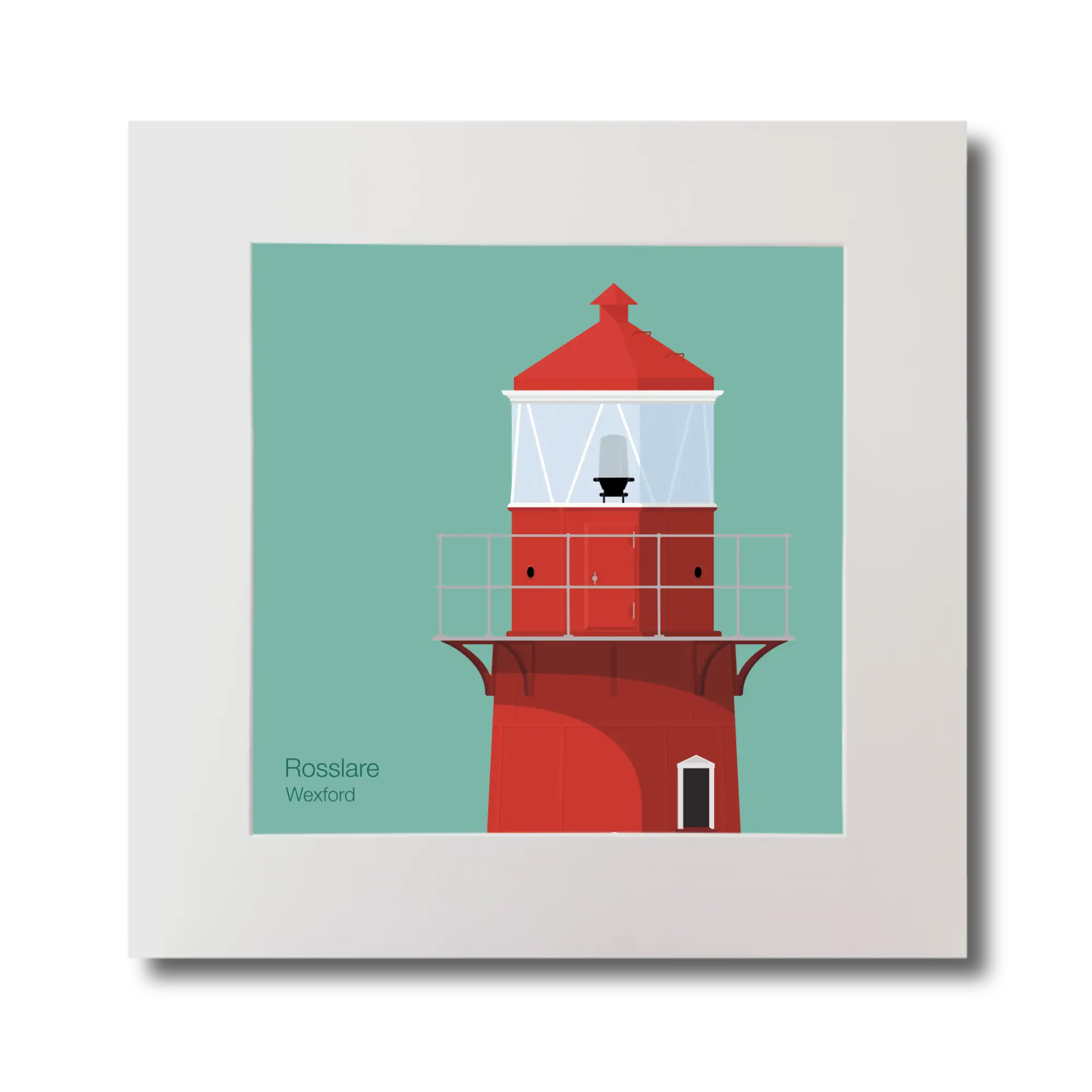 Illustration of Rosslare Harbour lighthouse on an ocean green background, mounted and measuring 30x30cm.