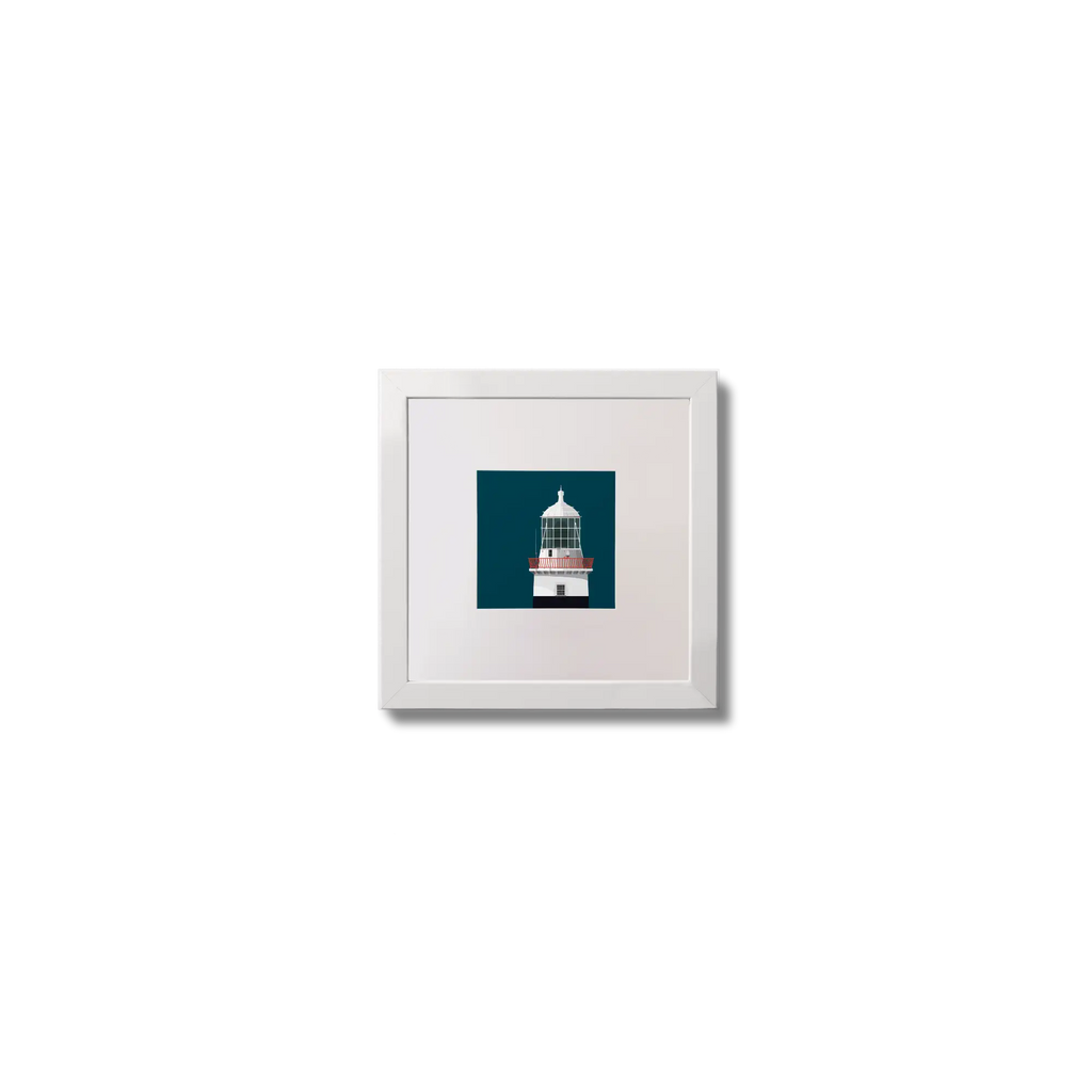 Illustration of Mine Head lighthouse on a midnight blue background,  in a white square frame measuring 10x10cm.