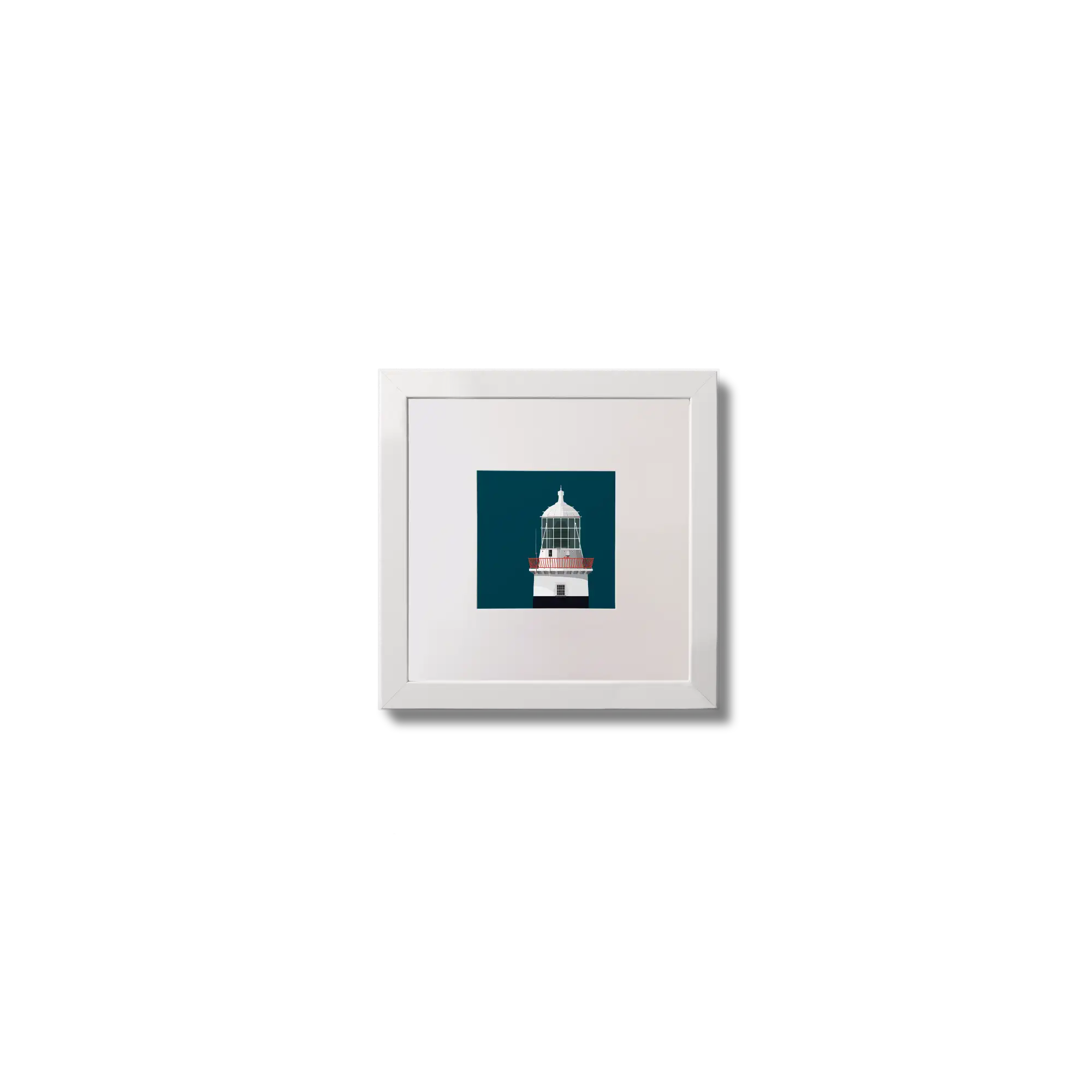 Illustration of Mine Head lighthouse on a midnight blue background,  in a white square frame measuring 10x10cm.