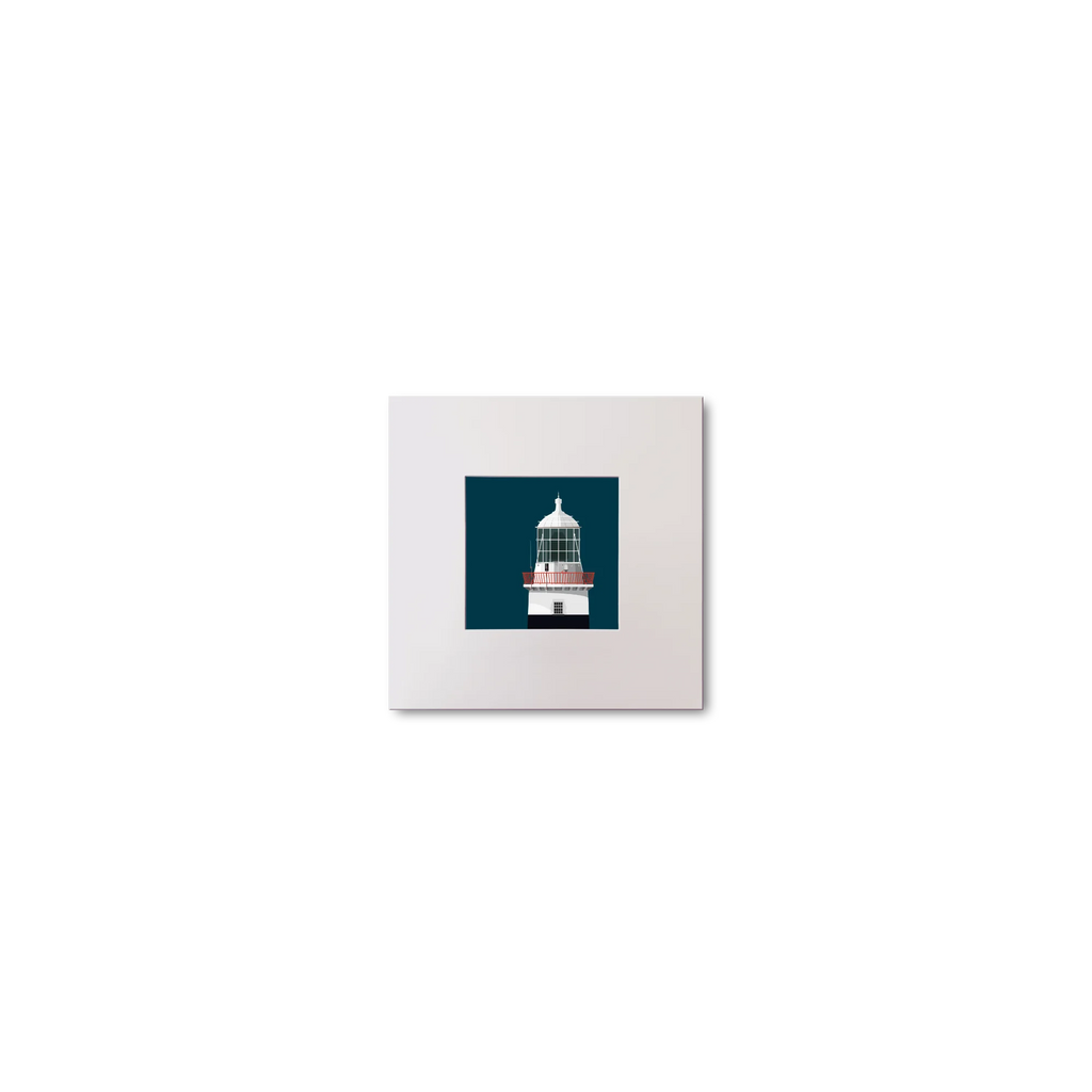 Illustration of Mine Head lighthouse on a midnight blue background, mounted and measuring 10x10cm.