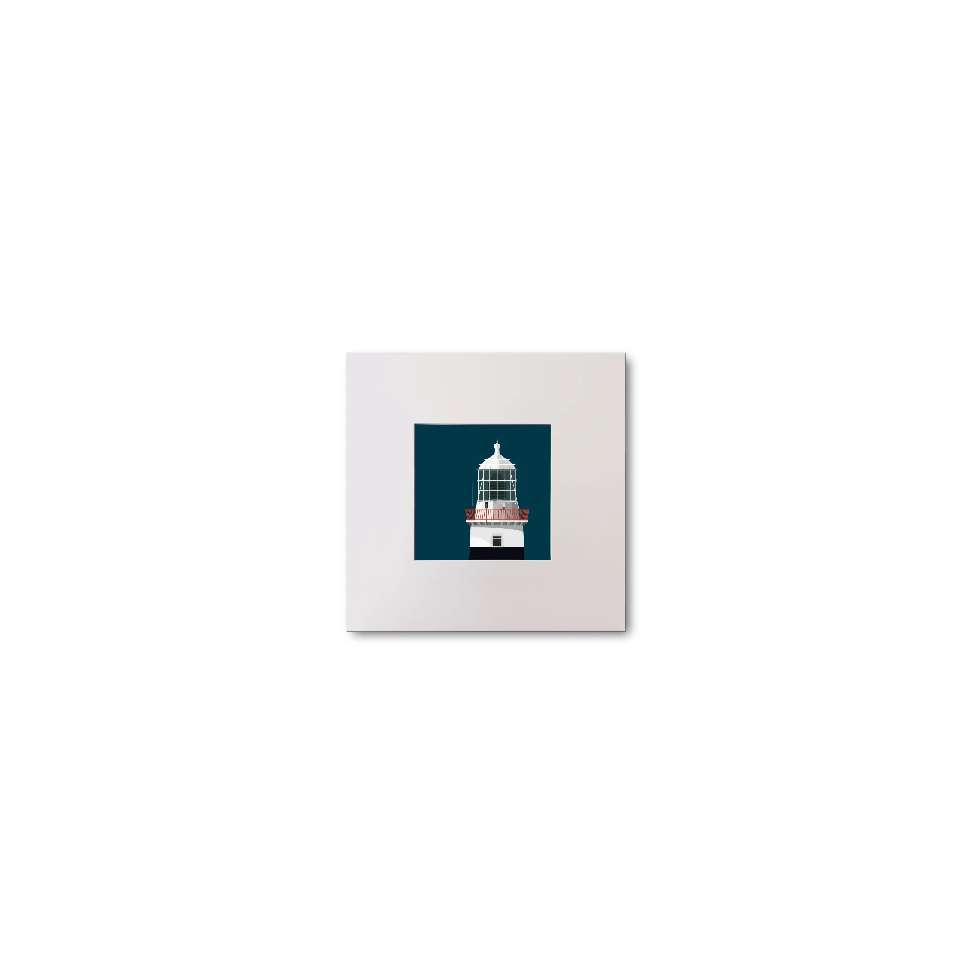 Illustration of Mine Head lighthouse on a midnight blue background, mounted and measuring 10x10cm.