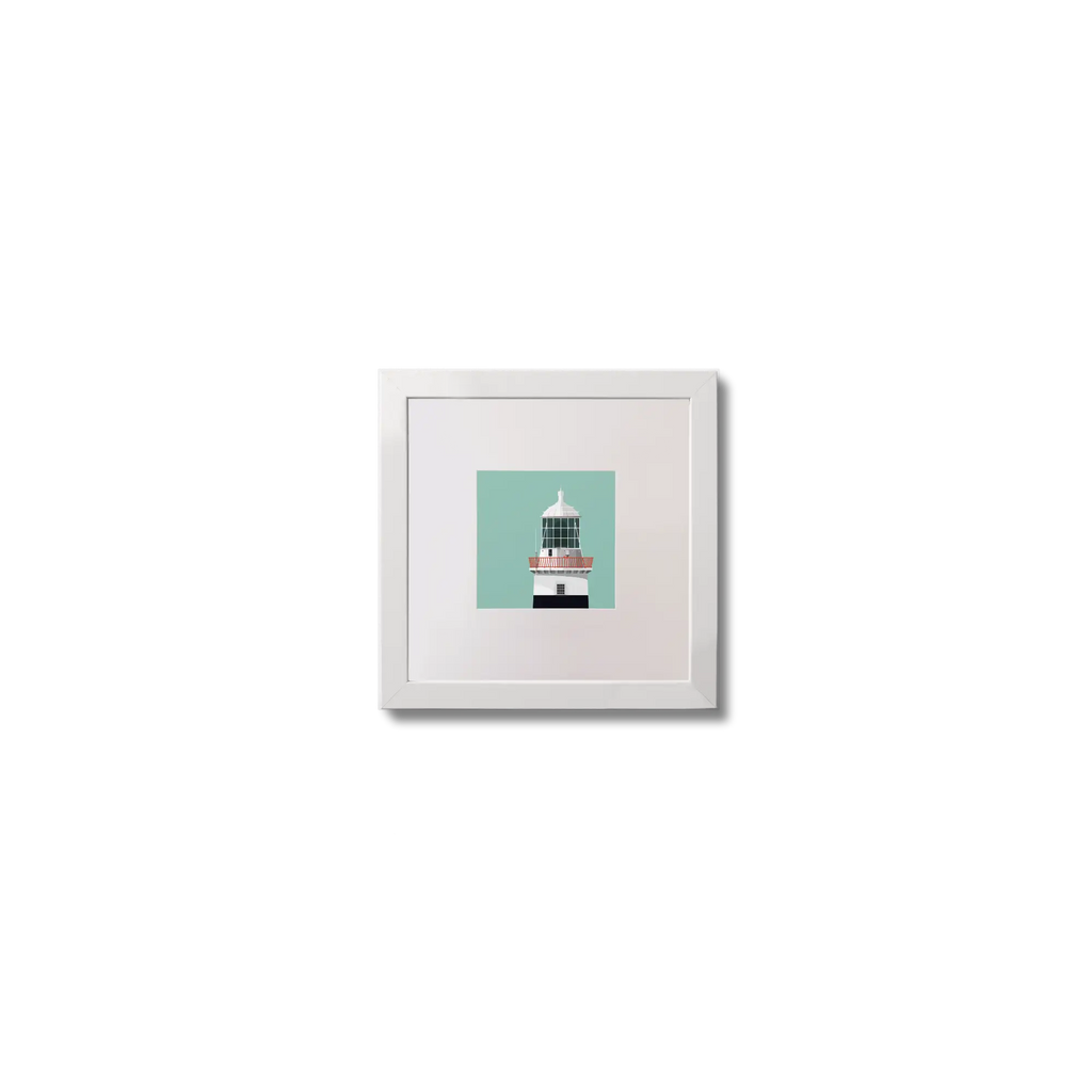 Illustration of Mine Head lighthouse on an ocean green background,  in a white square frame measuring 10x10cm.
