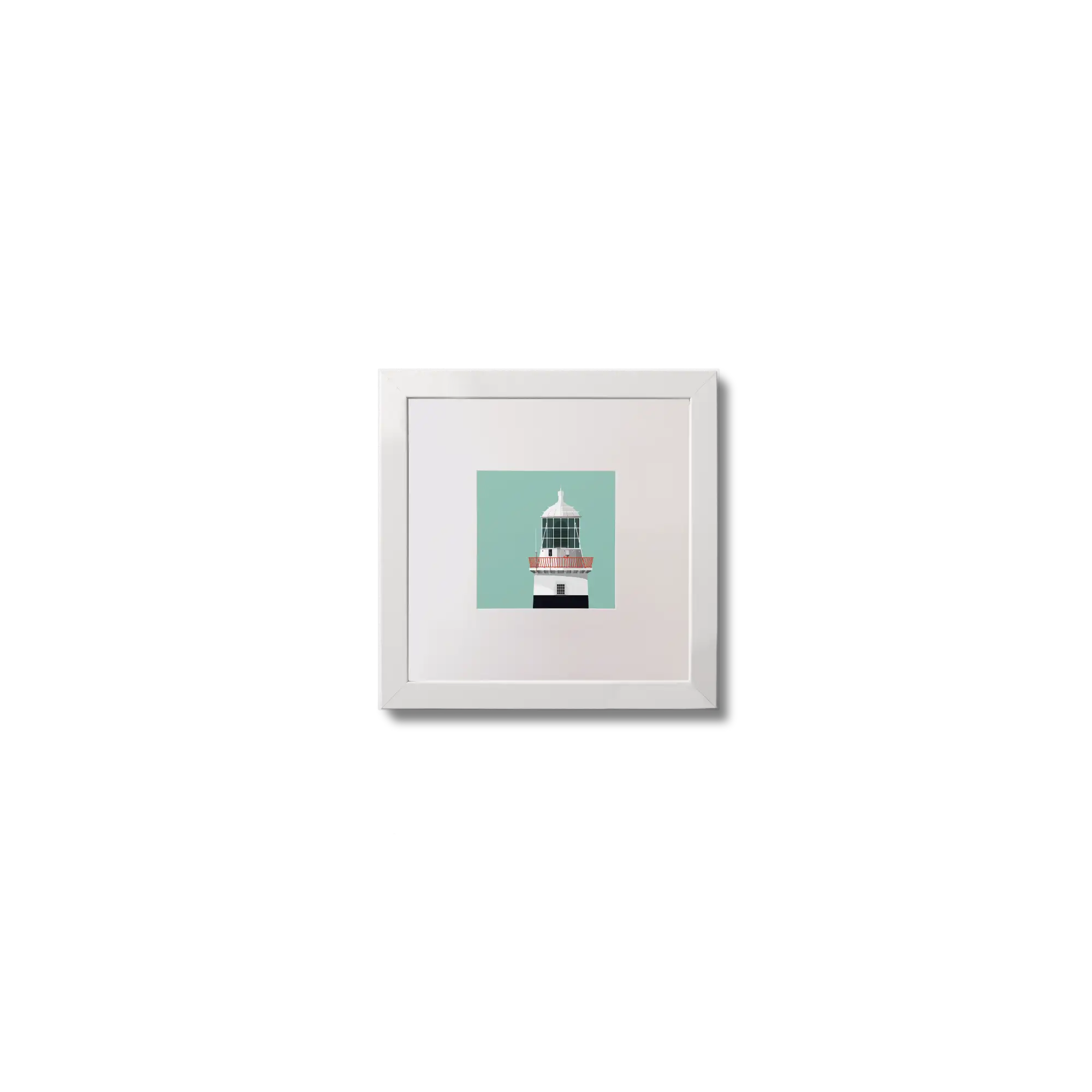 Illustration of Mine Head lighthouse on an ocean green background,  in a white square frame measuring 10x10cm.