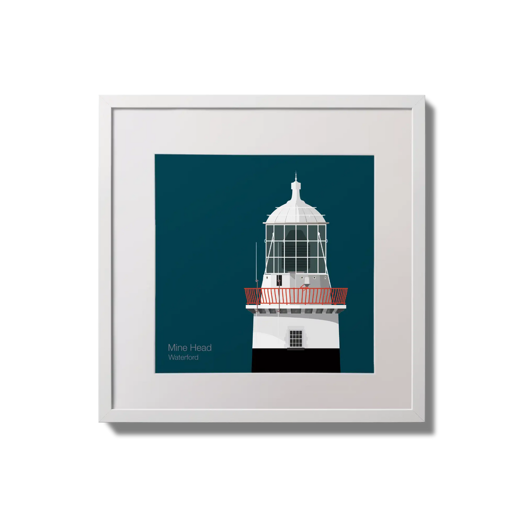 Illustration of Mine Head lighthouse on a midnight blue background,  in a white square frame measuring 20x20cm.