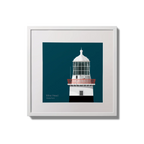 Illustration of Mine Head lighthouse on a midnight blue background,  in a white square frame measuring 20x20cm.