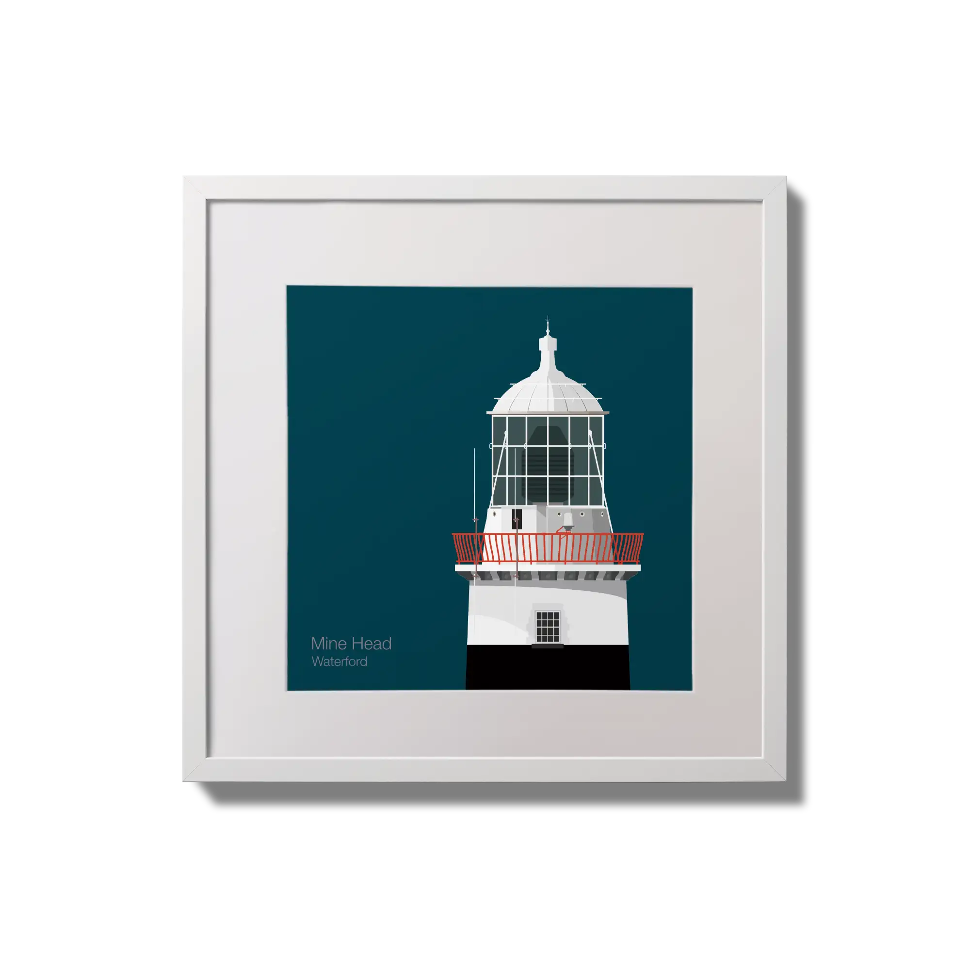 Illustration of Mine Head lighthouse on a midnight blue background,  in a white square frame measuring 20x20cm.