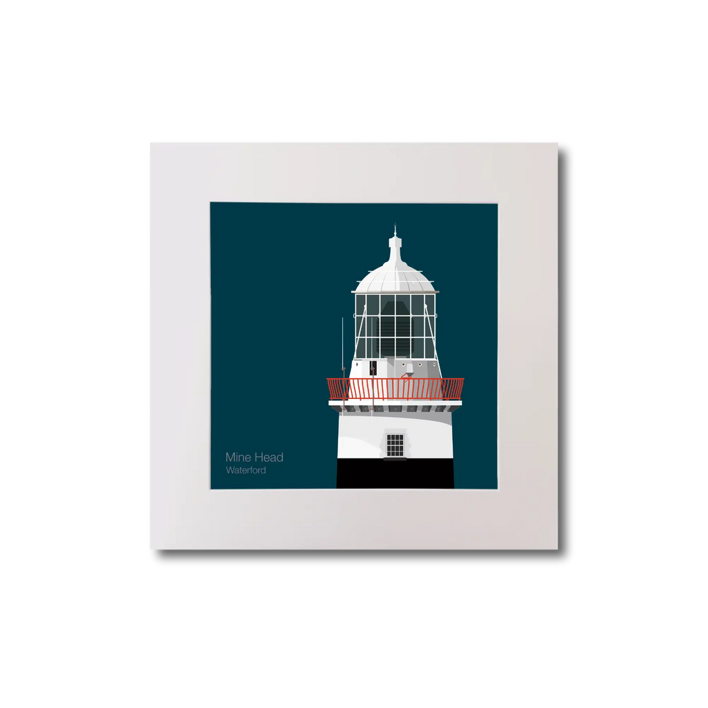 Illustration of Mine Head lighthouse on a midnight blue background, mounted and measuring 20x20cm.