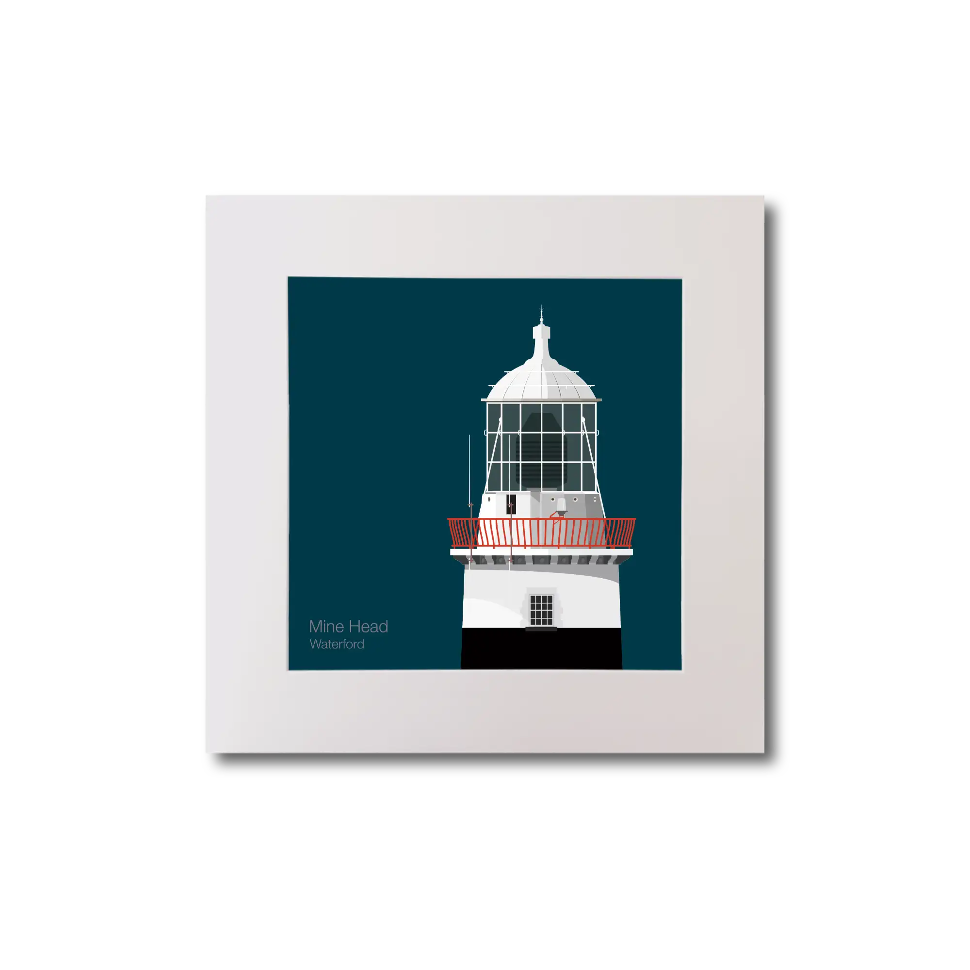 Illustration of Mine Head lighthouse on a midnight blue background, mounted and measuring 20x20cm.