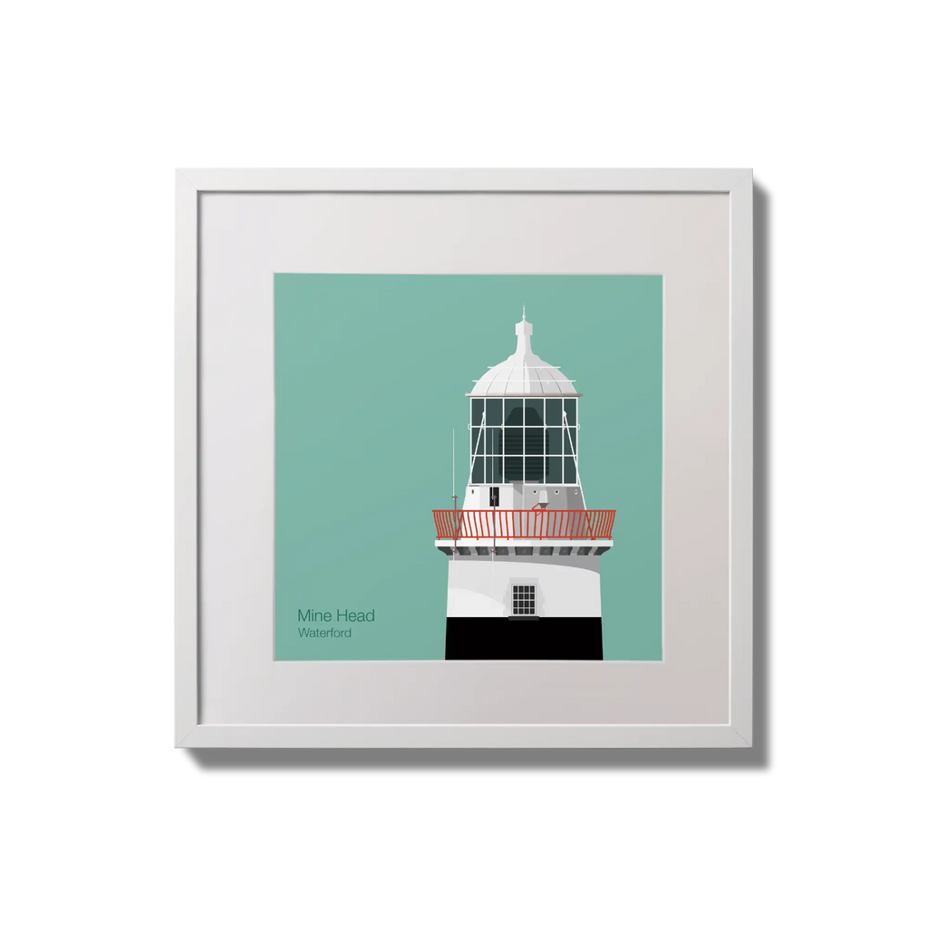 Illustration of Mine Head lighthouse on an ocean green background,  in a white square frame measuring 20x20cm.