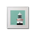 Illustration of Mine Head lighthouse on an ocean green background,  in a white square frame measuring 20x20cm.