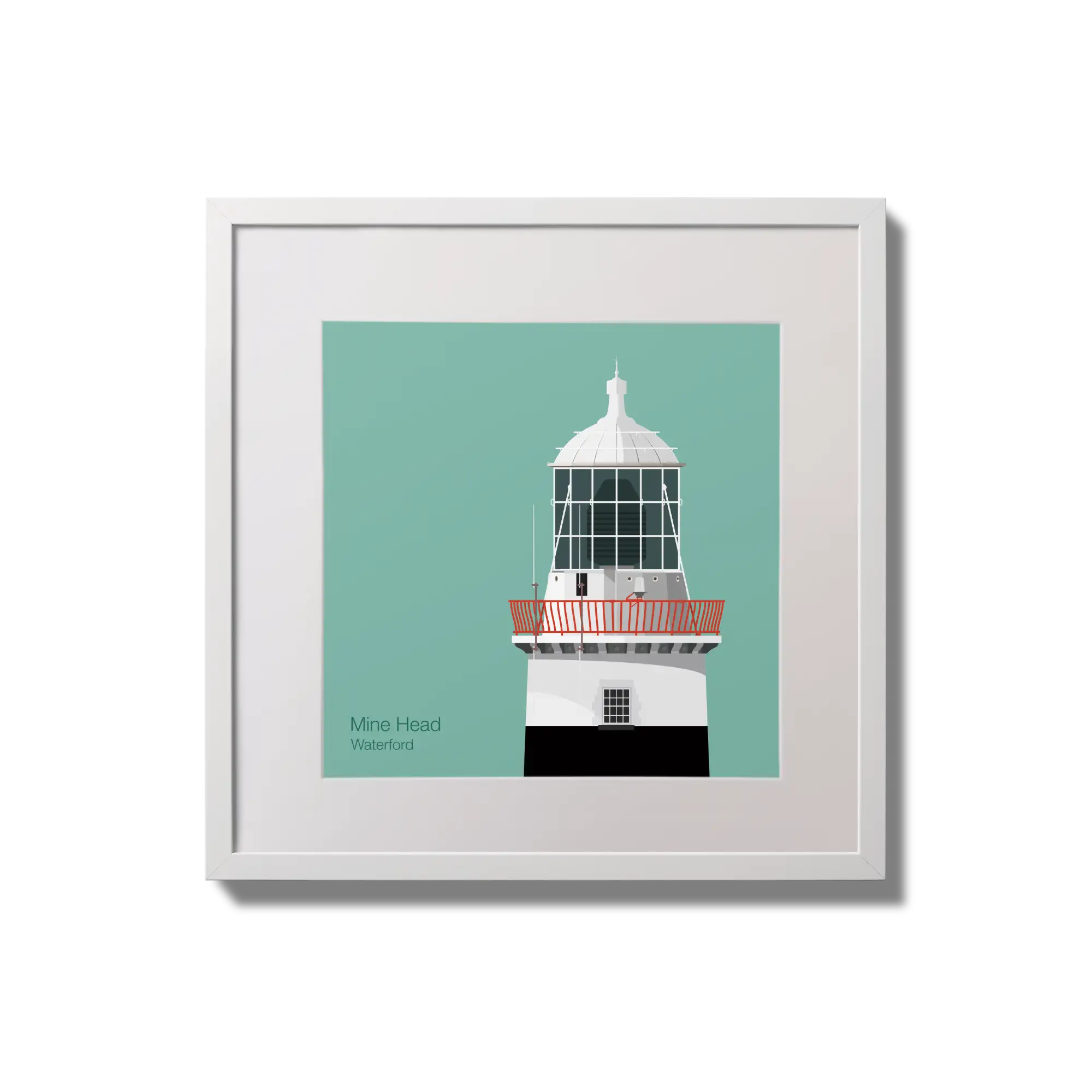 Illustration of Mine Head lighthouse on an ocean green background,  in a white square frame measuring 20x20cm.