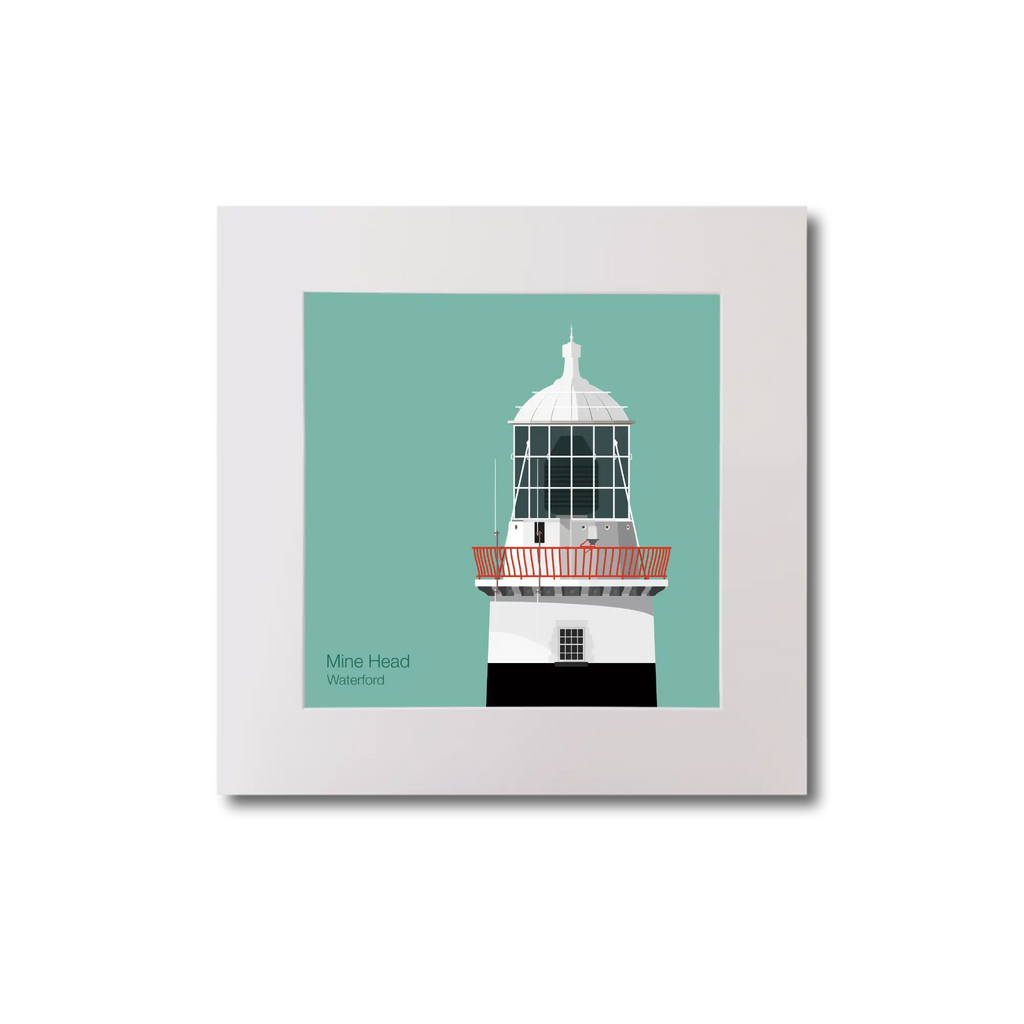 Illustration of Mine Head lighthouse on an ocean green background, mounted and measuring 20x20cm.