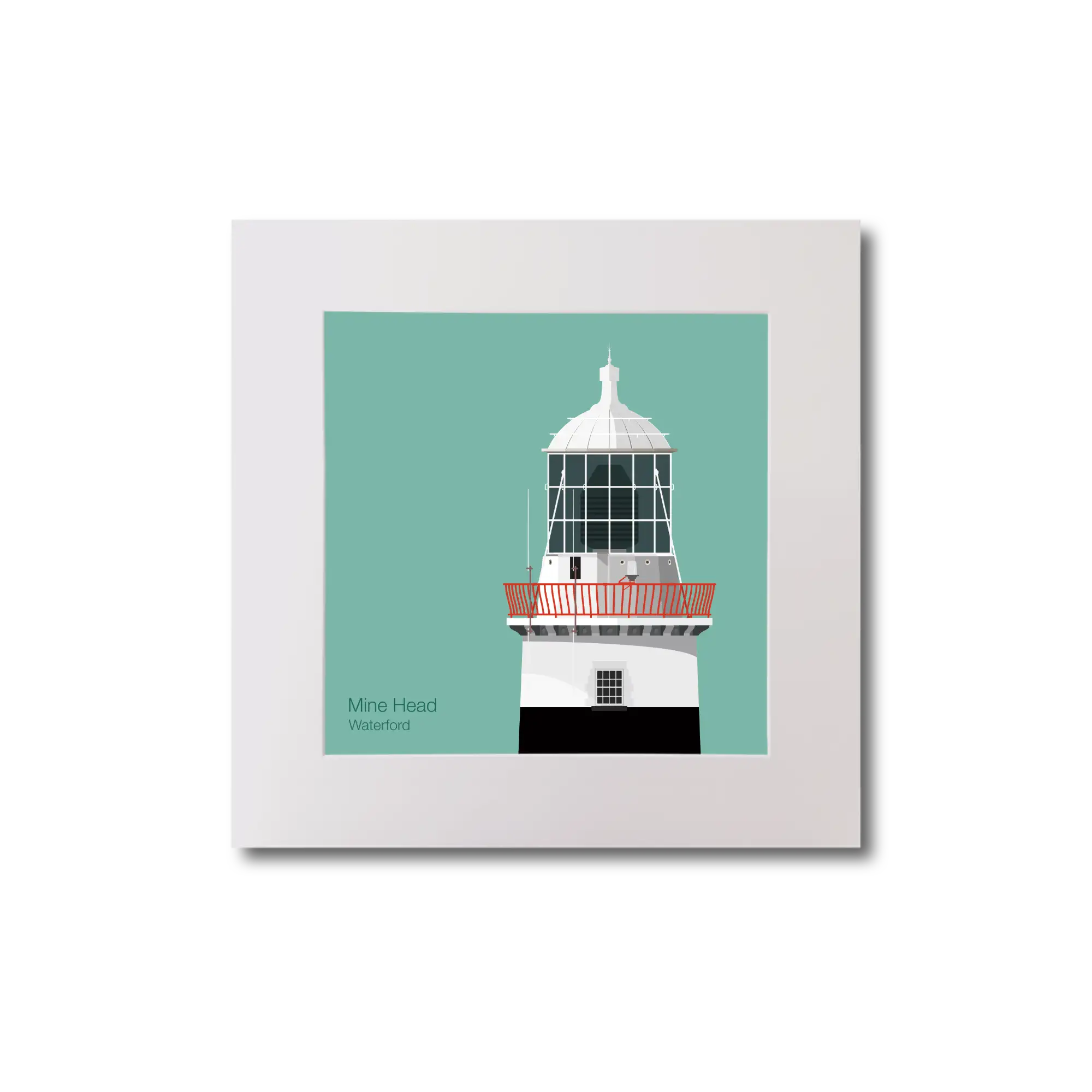 Illustration of Mine Head lighthouse on an ocean green background, mounted and measuring 20x20cm.