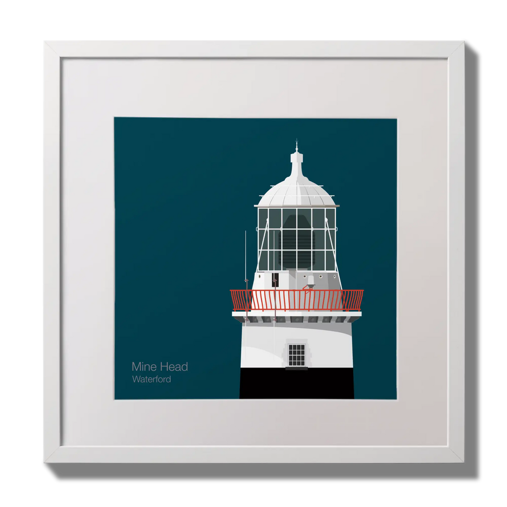 Illustration of Mine Head lighthouse on a midnight blue background,  in a white square frame measuring 30x30cm.
