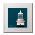Illustration of Mine Head lighthouse on a midnight blue background,  in a white square frame measuring 30x30cm.