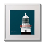Illustration of Mine Head lighthouse on a midnight blue background,  in a white square frame measuring 30x30cm.