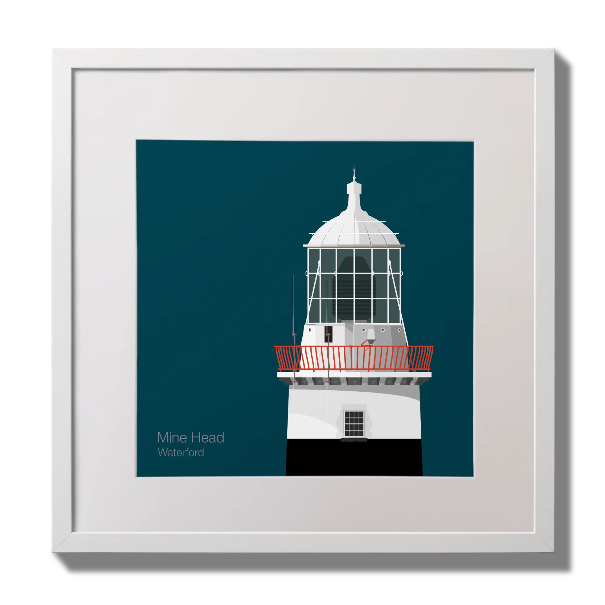 Illustration of Mine Head lighthouse on a midnight blue background,  in a white square frame measuring 30x30cm.
