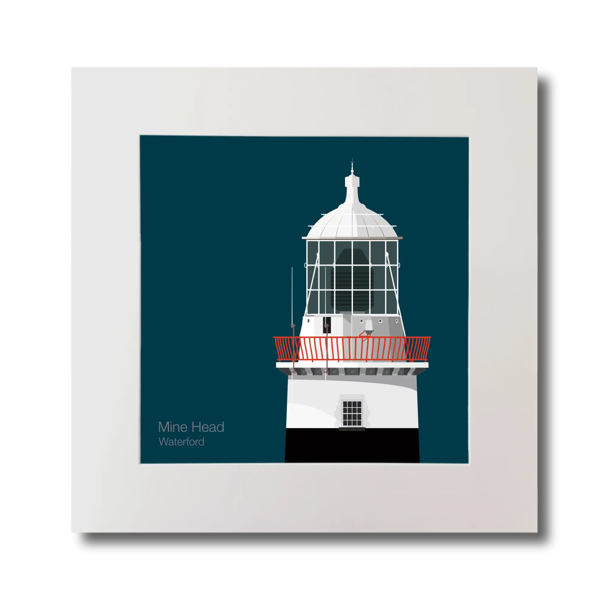 Illustration of Mine Head lighthouse on a midnight blue background, mounted and measuring 30x30cm.