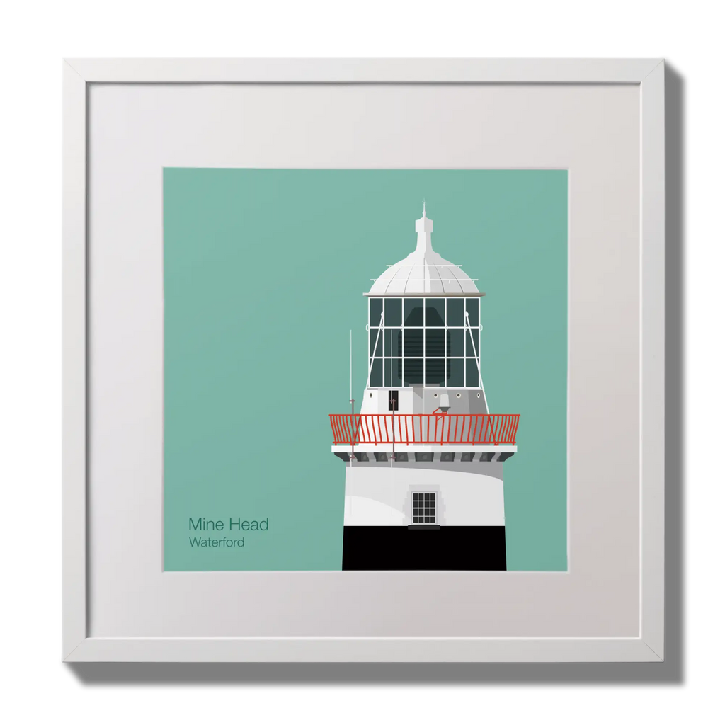 Illustration of Mine Head lighthouse on an ocean green background,  in a white square frame measuring 30x30cm.