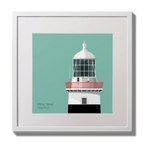 Illustration of Mine Head lighthouse on an ocean green background,  in a white square frame measuring 30x30cm.