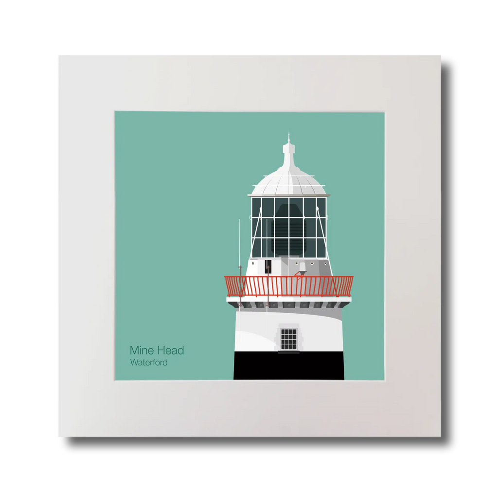 Illustration of Mine Head lighthouse on an ocean green background, mounted and measuring 30x30cm.