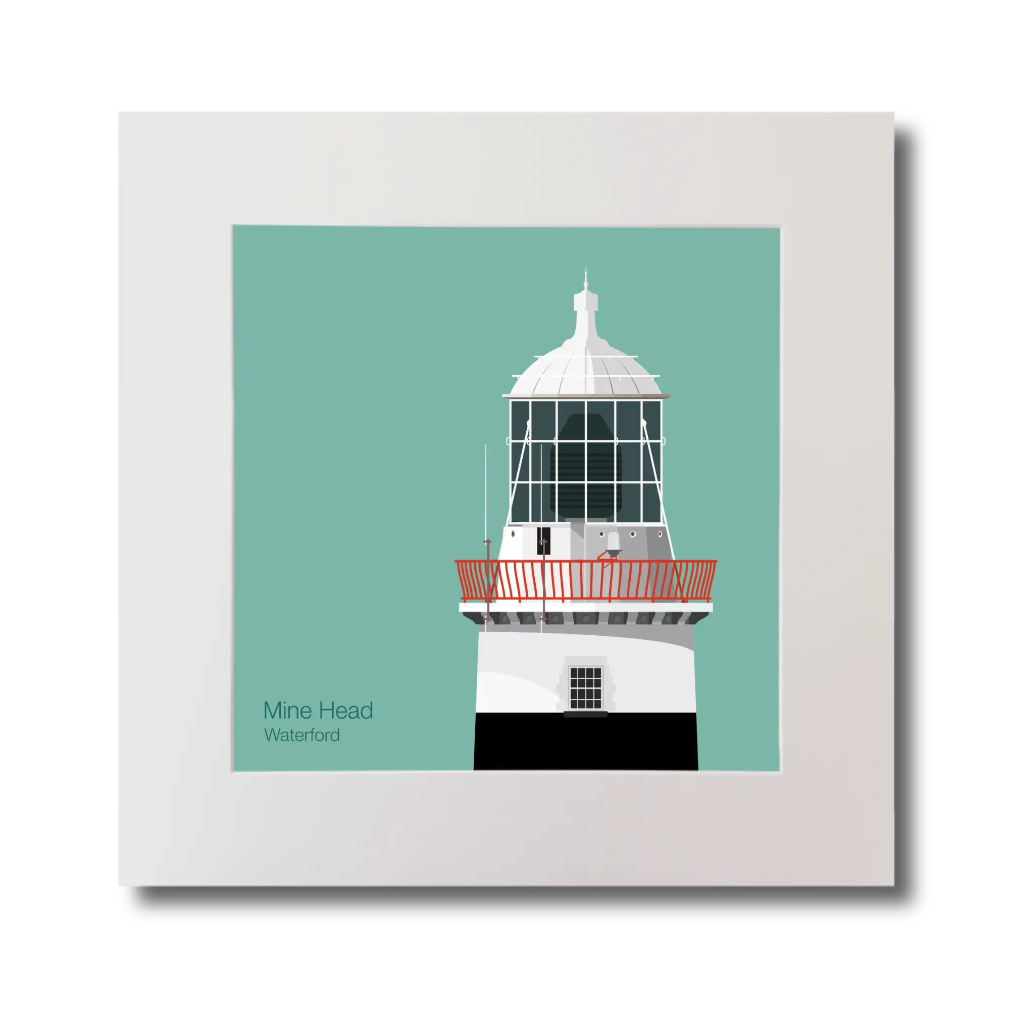 Illustration of Mine Head lighthouse on an ocean green background, mounted and measuring 30x30cm.