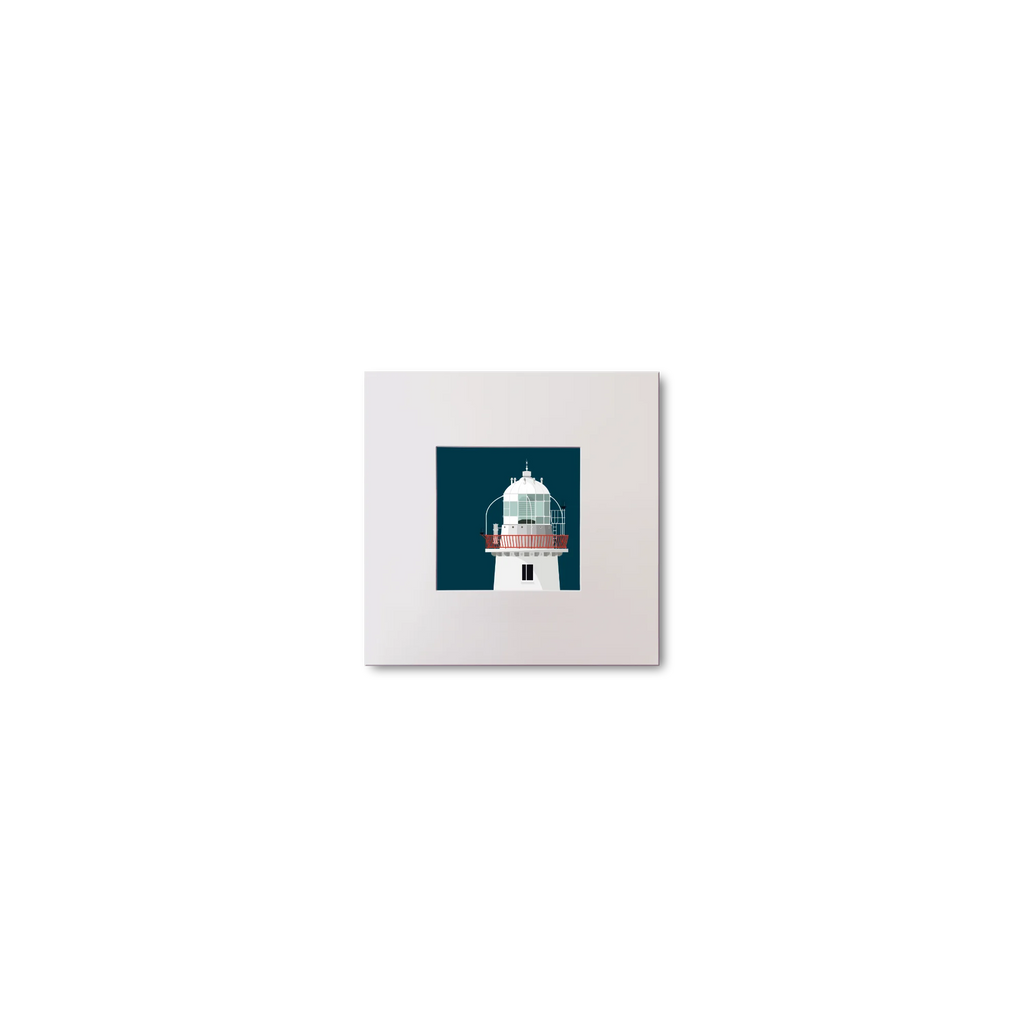 Illustration of Roches Point lighthouse on a midnight blue background, mounted and measuring 10x10cm.