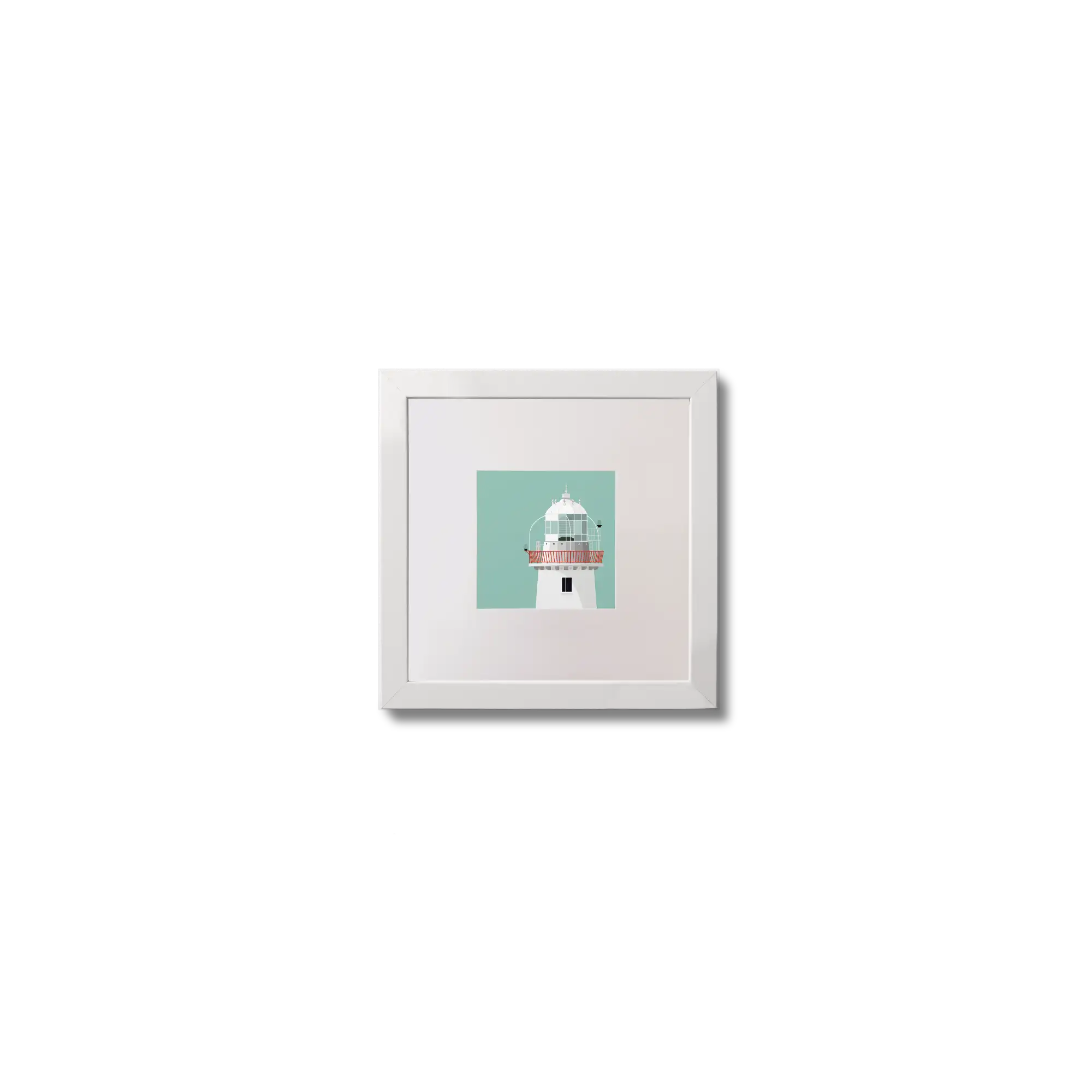 Illustration of Roches Point lighthouse on an ocean green background,  in a white square frame measuring 10x10cm.