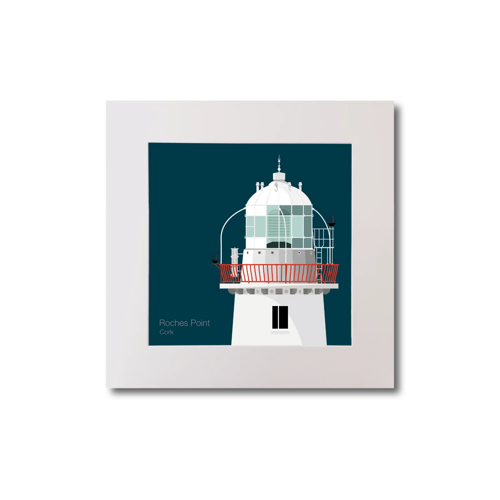 Illustration of Roches Point lighthouse on a midnight blue background, mounted and measuring 20x20cm.