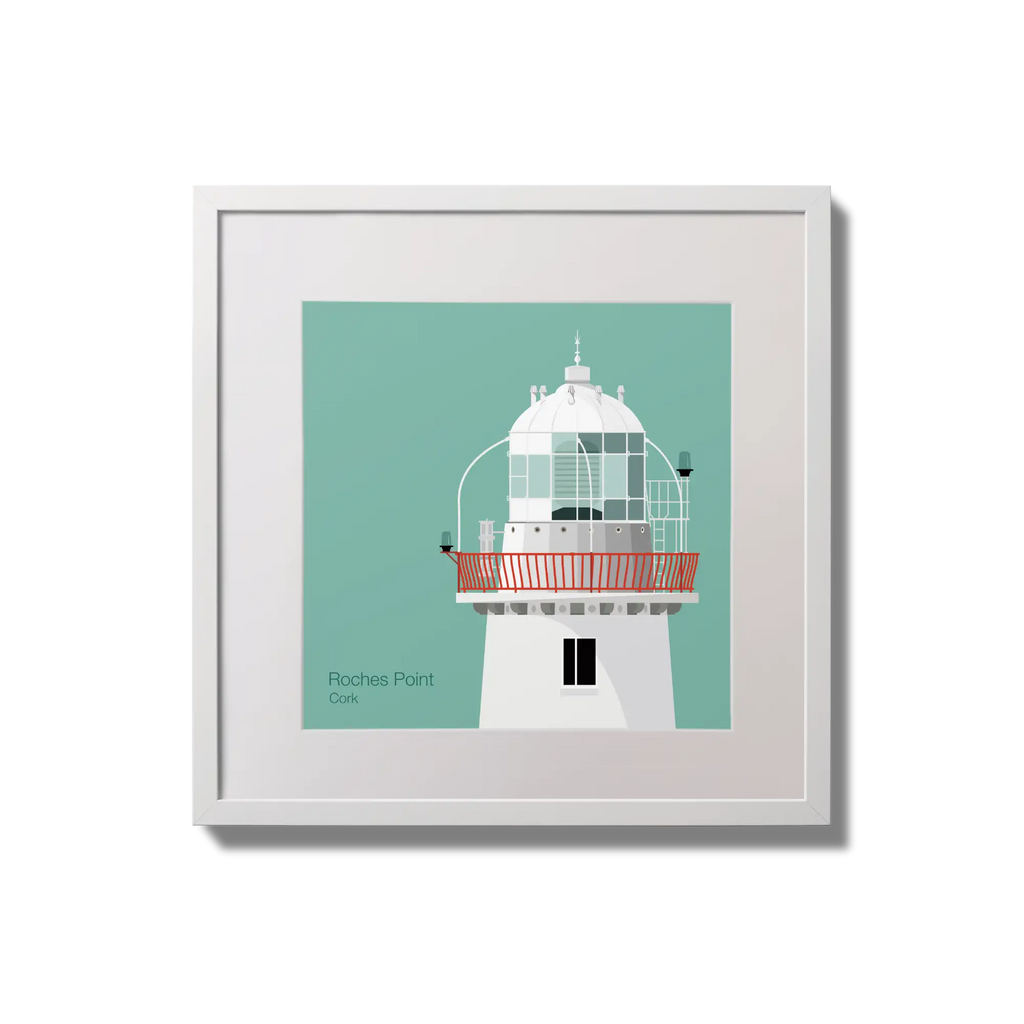 Illustration of Roches Point lighthouse on an ocean green background,  in a white square frame measuring 20x20cm.