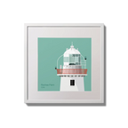 Illustration of Roches Point lighthouse on an ocean green background,  in a white square frame measuring 20x20cm.